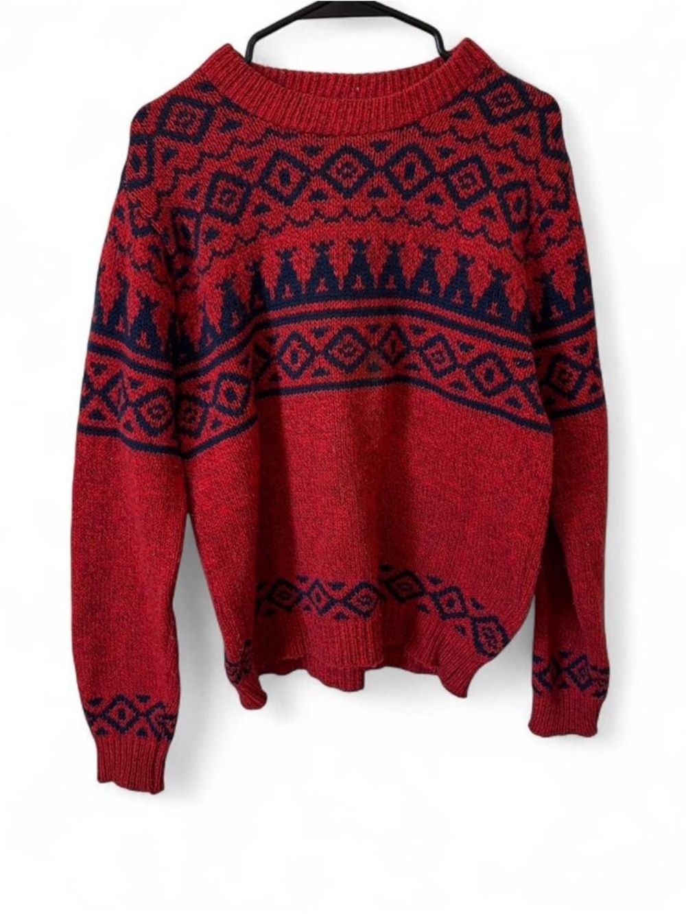 Vintage L.L. Bean Red and Navy Fair Isle Knit Sweater Sz M